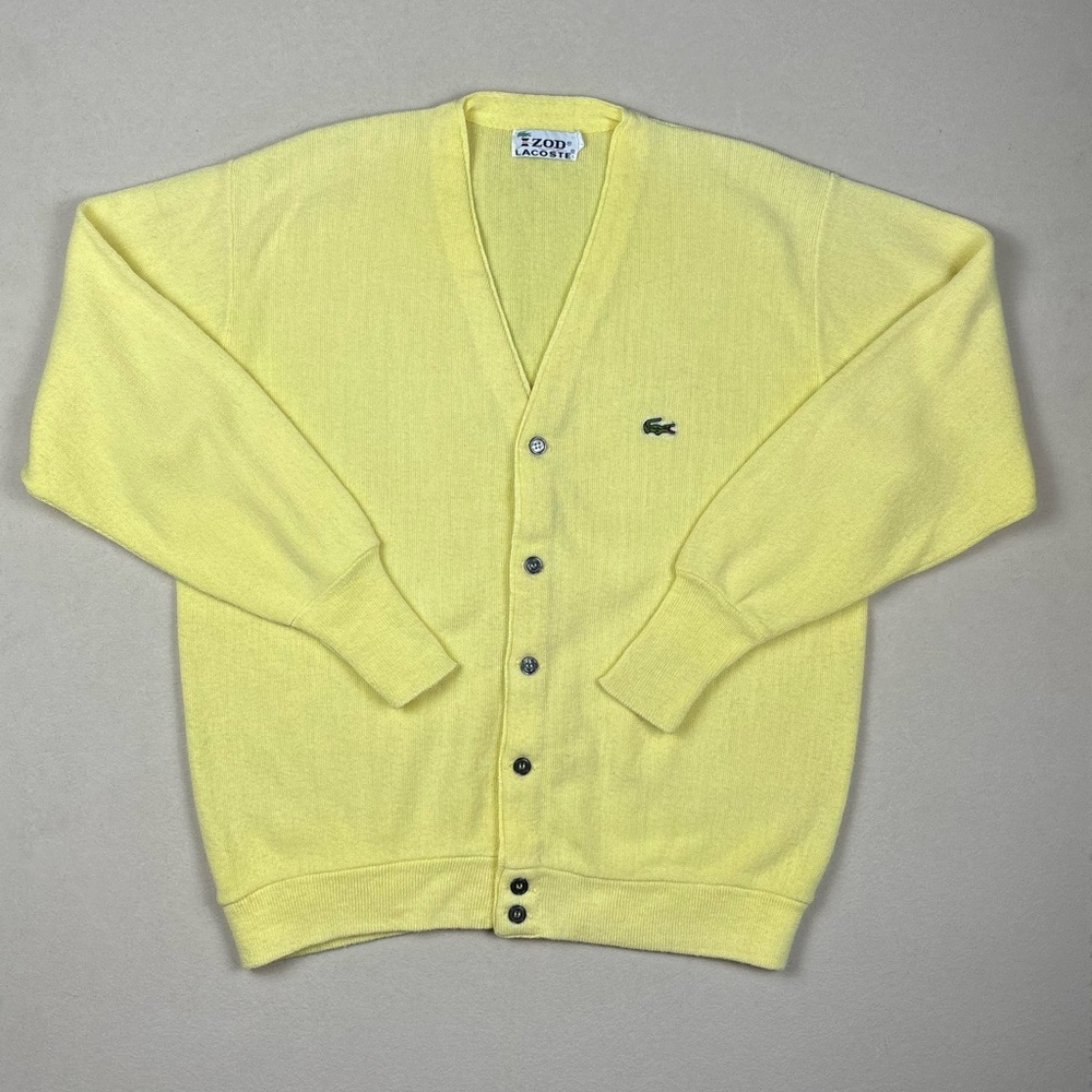 Vintage 80s Yellow Izod Lacoste Cardigan Grandpa Sweater Button Front Men’s XL